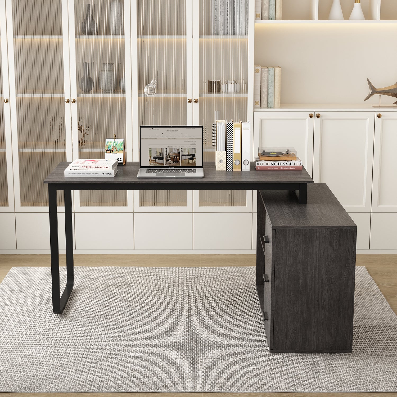 L-shaped Office Computer Desk with 3 Drawers And Open Storage Rack, Adjustable Shape, Modern Computer Desk with Spacious Desktop, Administrative Corner Desk, Study Desk, Writing Desk, Stylish Design