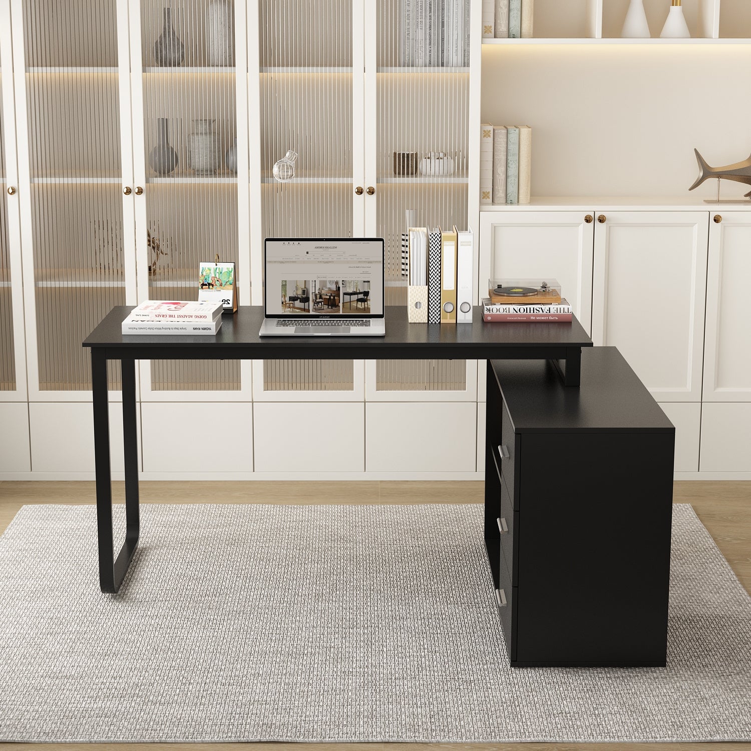L-shaped Office Computer Desk with 3 Drawers And Open Storage Rack, Adjustable Shape, Modern Computer Desk with Spacious Desktop, Administrative Corner Desk, Study Desk, Writing Desk, Stylish Design