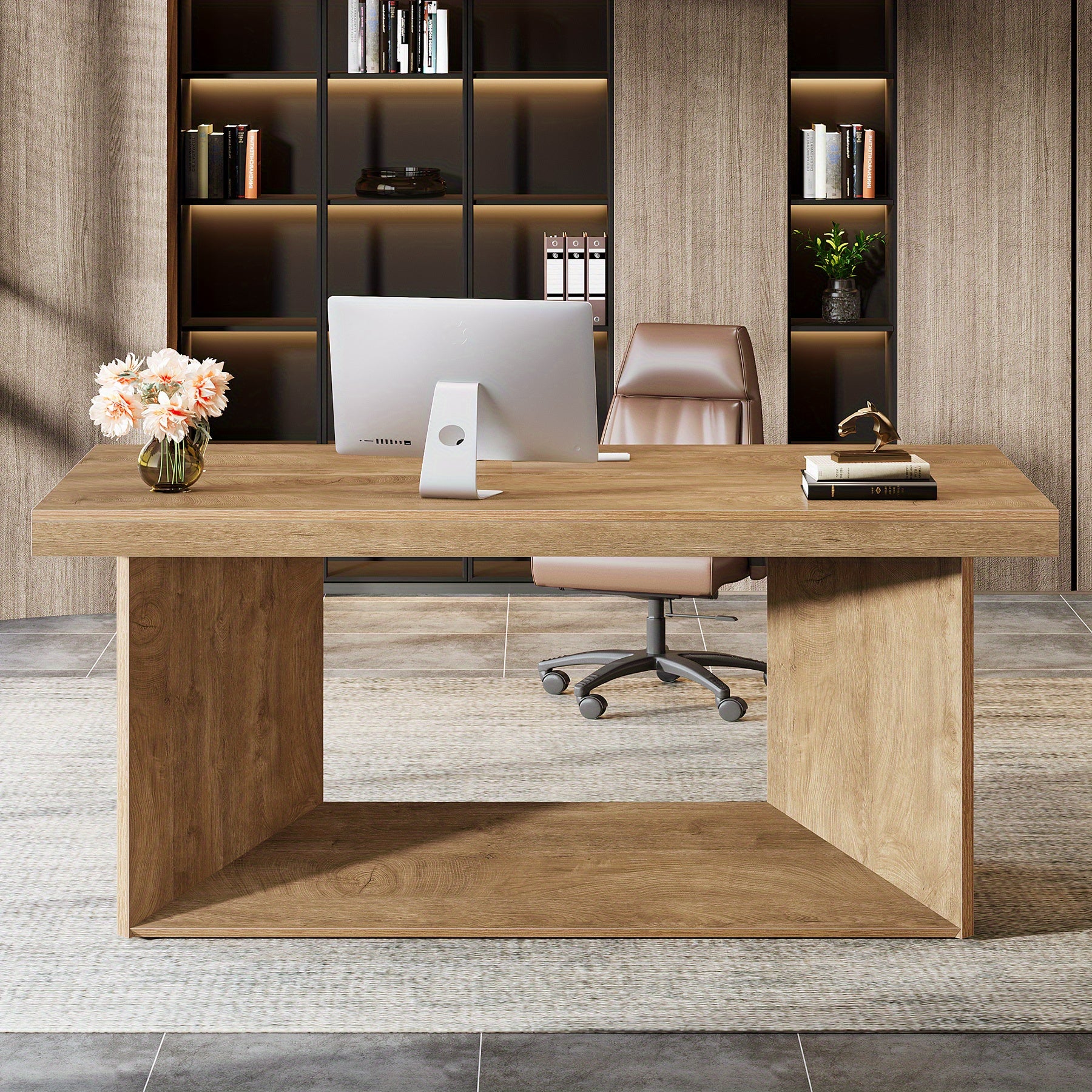 Executive Desk, Large Office Computer Desk with Heavy Duty Pedestal, Farmhouse Simple Workstation Writing Table, 63-Inch, Rustic Brown, for Home Office