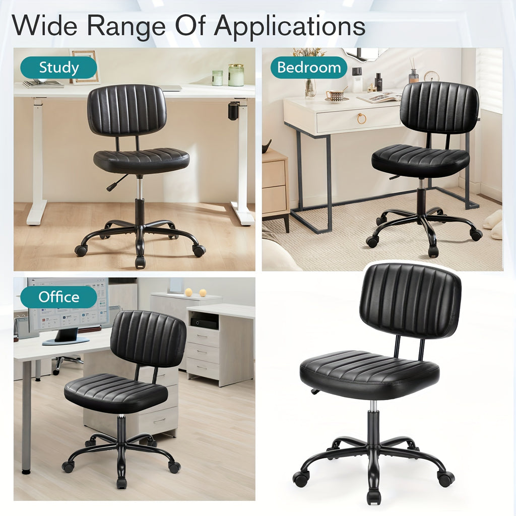 Small Desk Chair Armless, Comfortable Office Chair with Wheels, Rolling Task Chair with Low Back Lumbar Support, Vanity Chair for Bedroom Living Room Study Room, PU Leather