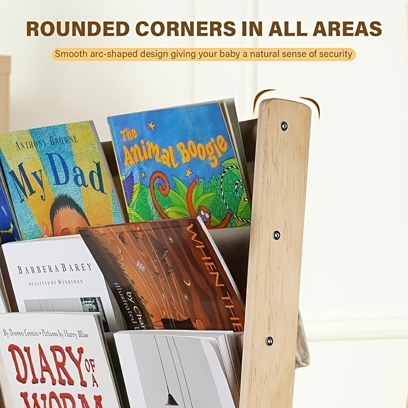 Crude Wood Bookshelf with Fabric Pockets - Rounded Edge Design Storybook Storage Rack with Screw Fixation, at Home And in Home Furniture Indoor Or Outdoor Tools