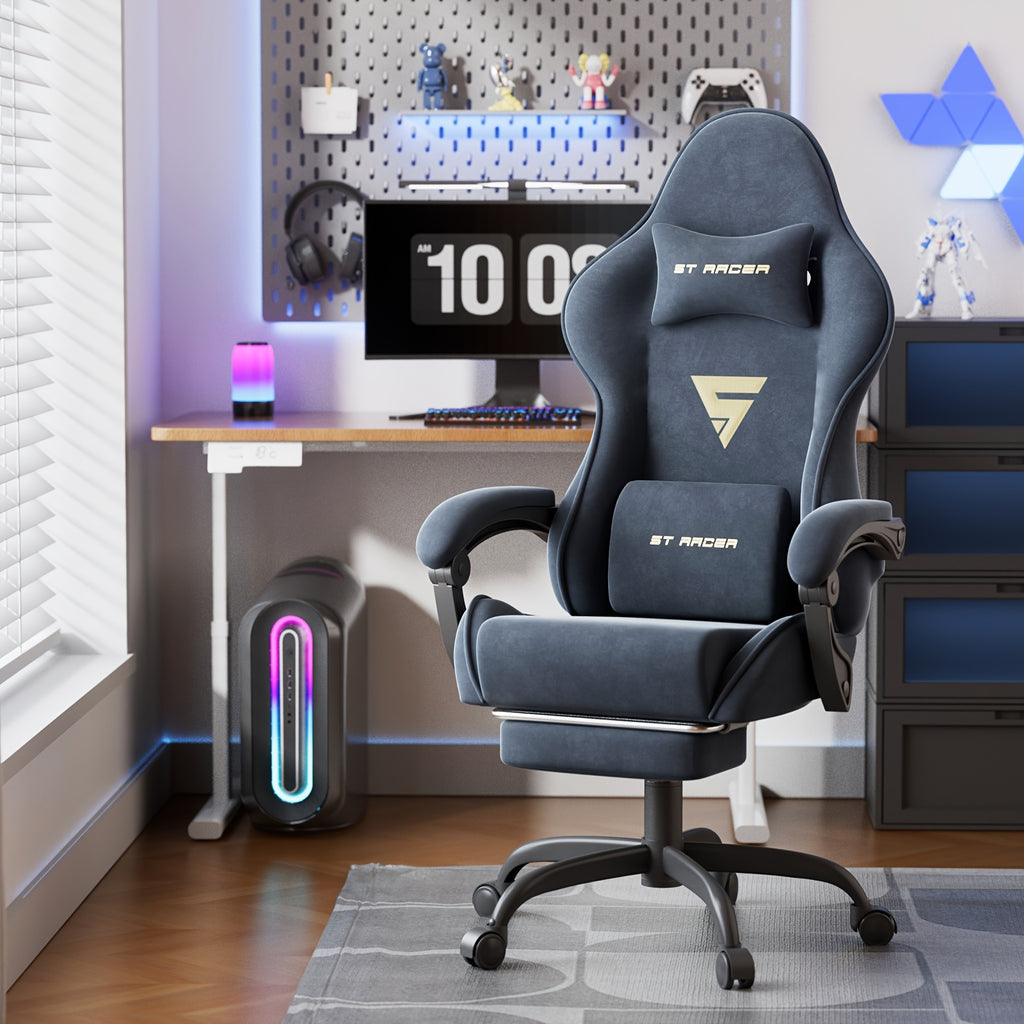 Ergonomic Gaming Chair, Expandable Compatible with Others, Racing Style with Massage & Manual Recliner, for Adults & Teens, Footrest-like Base & Plush Soft Cushioning, Multi-Color Options (Velvet Metal), PC Laptop Computer Desk Chair