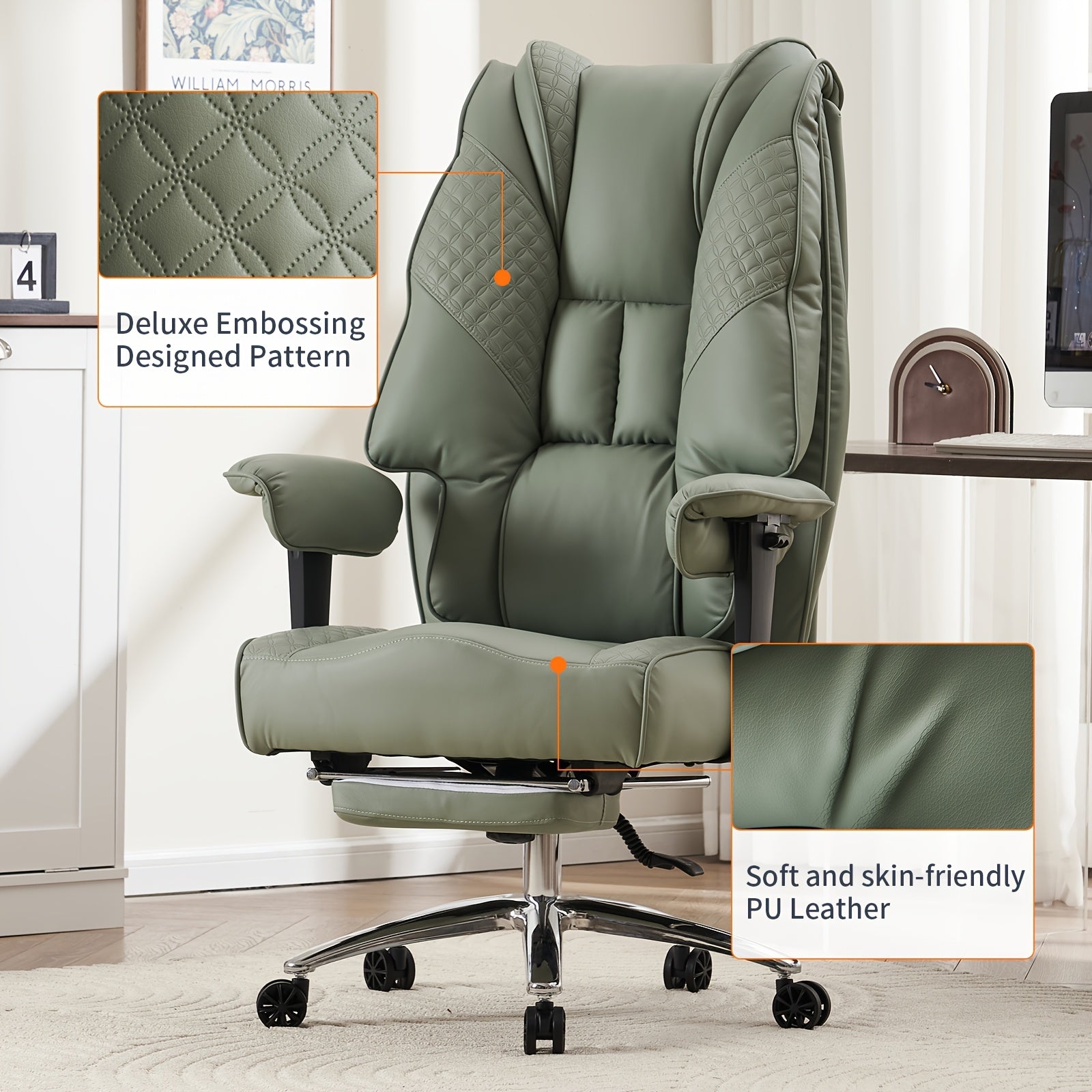 Efomao Office Chair 400LBS, Big and Tall Office Chair, PU Leather Computer Chair, Executive Office Chair with Leg Rest and Lumbar Support, Pink Office Chair