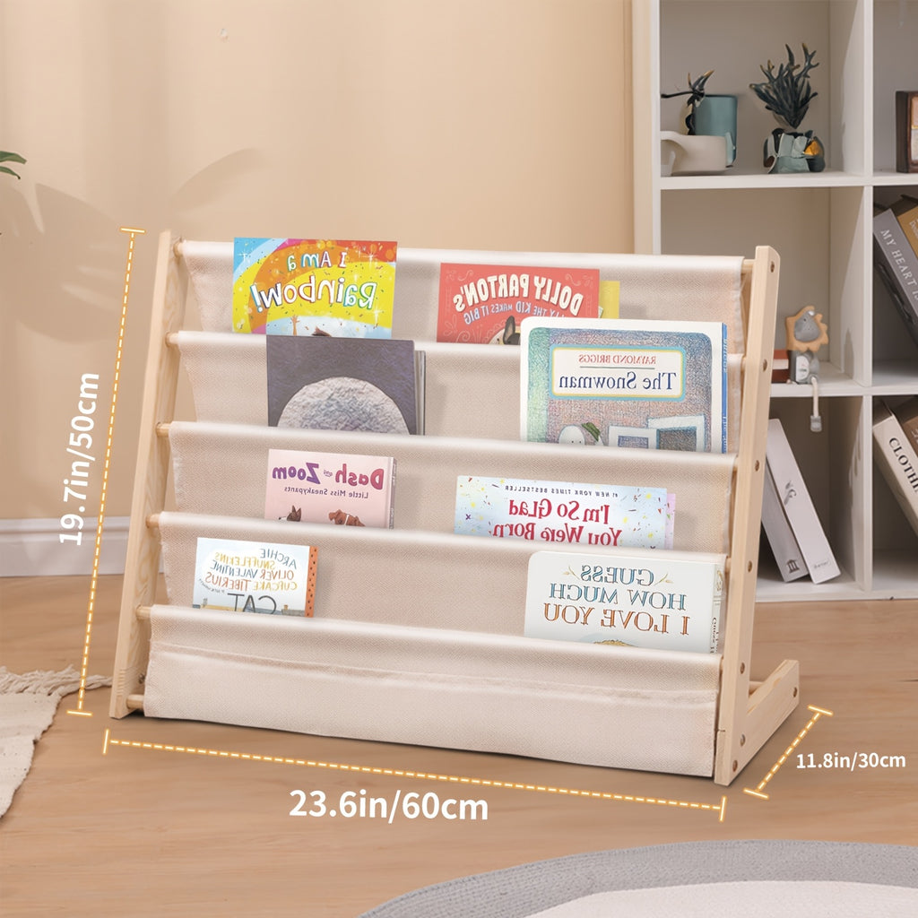 Crude Wood Bookshelf with Fabric Pockets - Rounded Edge Design Storybook Storage Rack with Screw Fixation, at Home And in Home Furniture Indoor Or Outdoor Tools