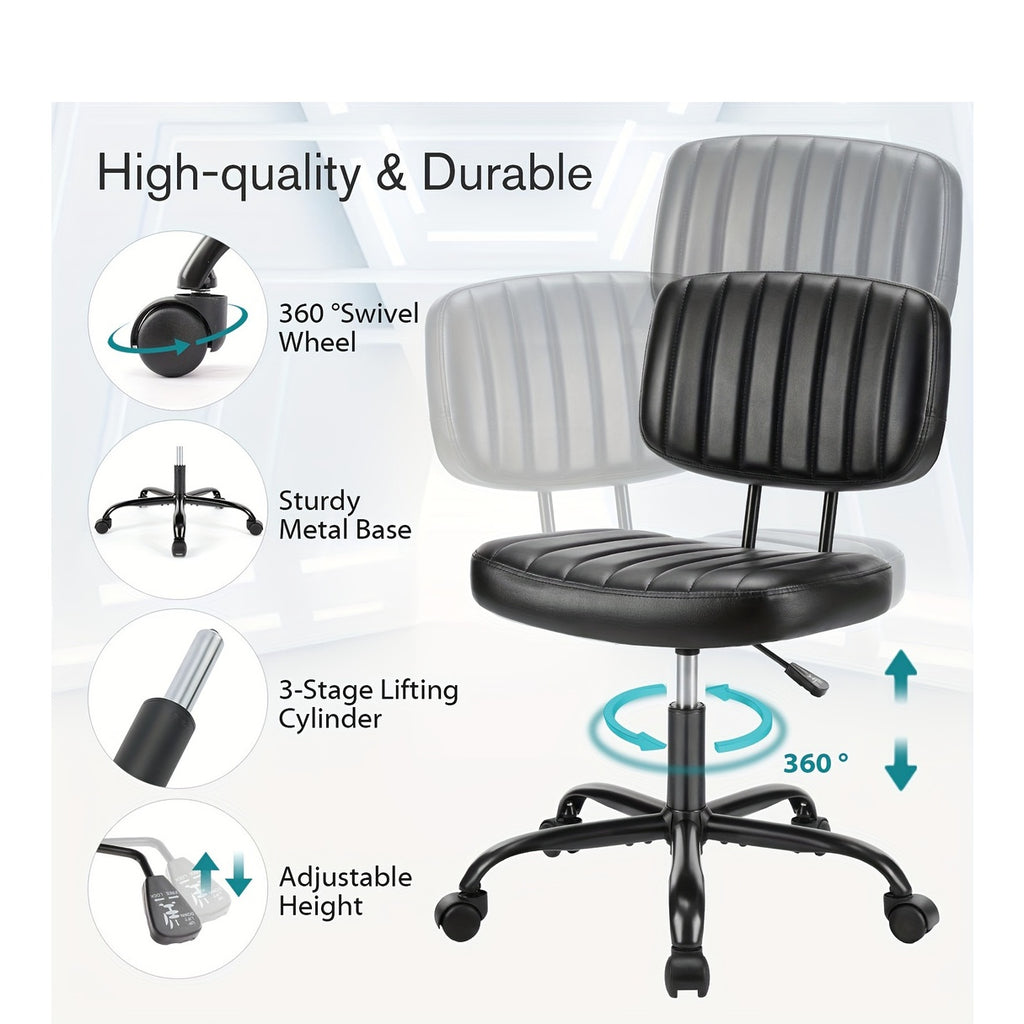 Small Desk Chair Armless, Comfortable Office Chair with Wheels, Rolling Task Chair with Low Back Lumbar Support, Vanity Chair for Bedroom Living Room Study Room, PU Leather